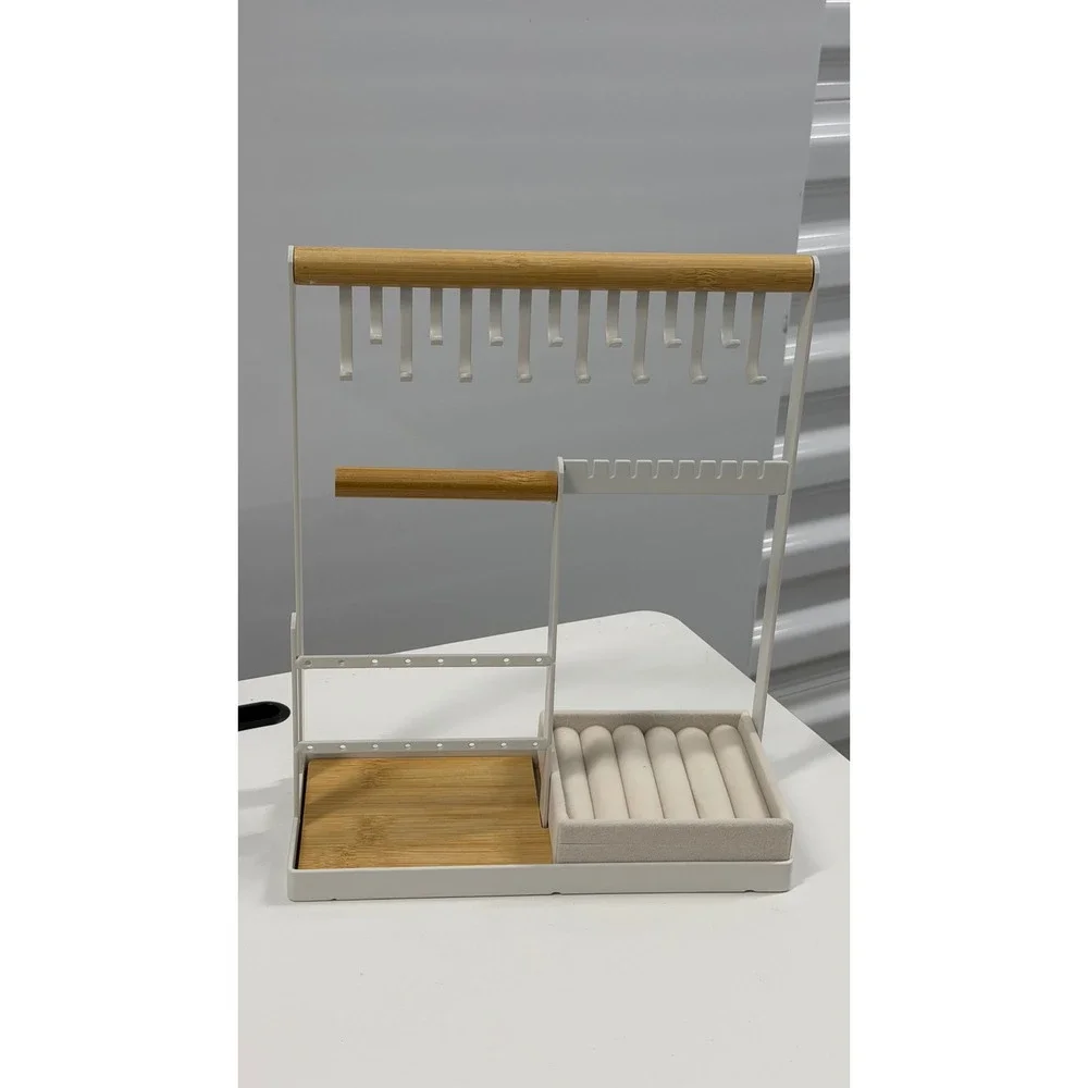 White Metal and Bamboo Jewelry Stand Organizer Necklace Holder Ring Tray